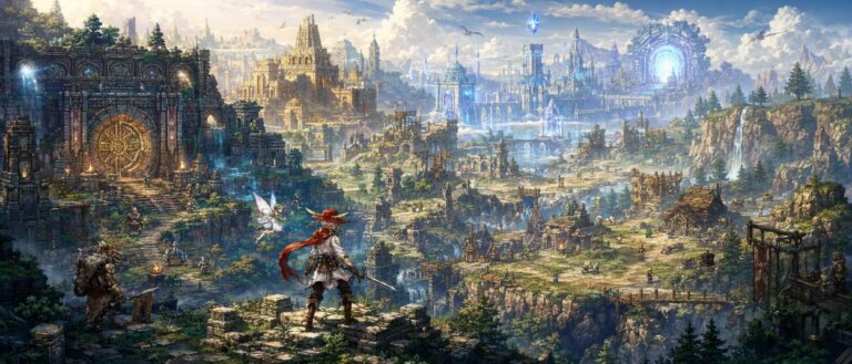 Ein Entdecker und eine Fee stehen vor alten Ruinen in einer leuchtenden HD-2D-Fantasywelt, während Zeitalter und Maginit-Kristalle im Hintergrund erscheinen.