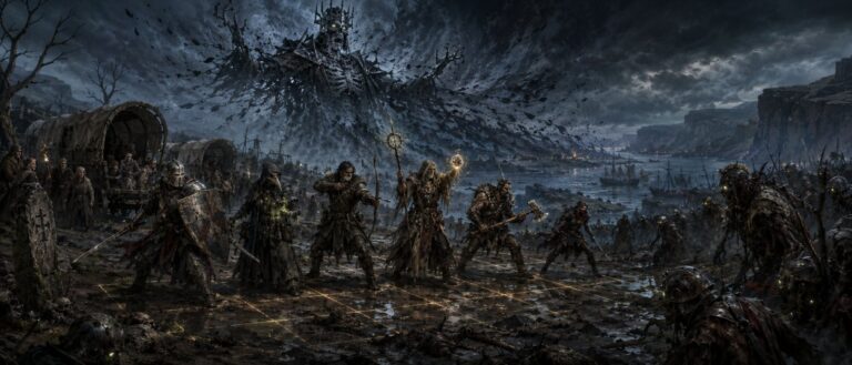 Eine erschöpfte Karawane zieht durch eine verdorbene Fantasy-Landschaft, während bewaffnete Helden auf einem taktischen Schlachtfeld gegen Seuchenkreaturen kämpfen.