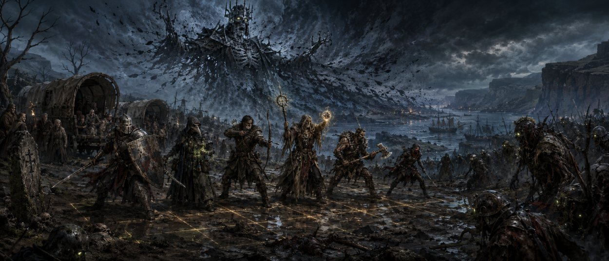 Eine erschöpfte Karawane zieht durch eine verdorbene Fantasy-Landschaft, während bewaffnete Helden auf einem taktischen Schlachtfeld gegen Seuchenkreaturen kämpfen.
