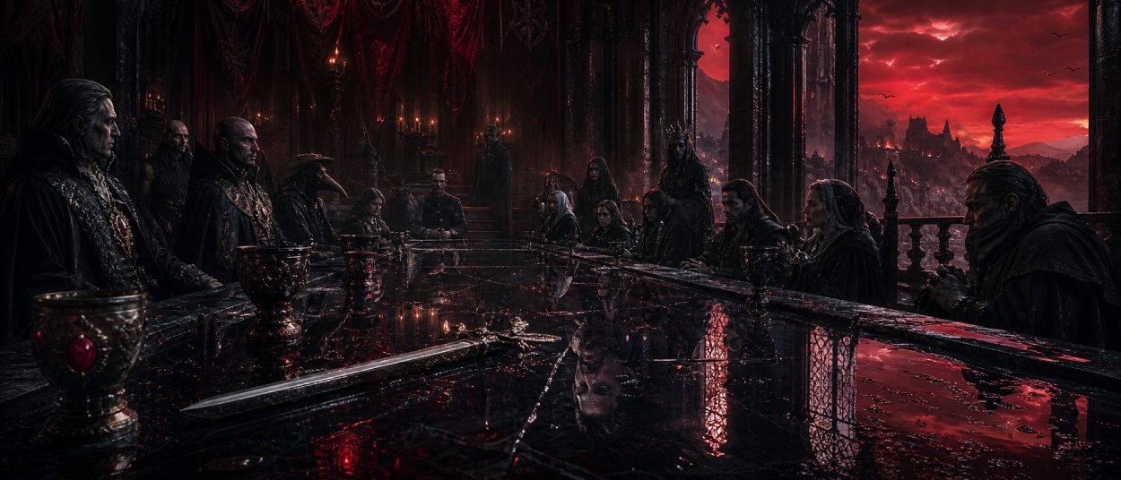 Ein halb menschlicher Vampirkrieger steht vor einer düsteren Burg, während blutrotes Licht über ein mittelalterliches Tal fällt.