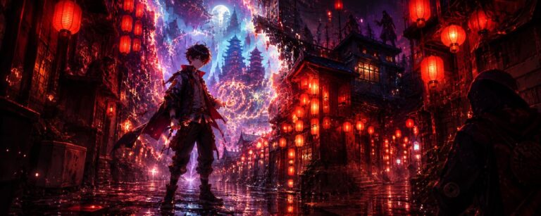 Ein junger Held steht in einer neonbeleuchteten Fantasy-Gasse, während alte Magie, rote Laternen und eine parallele Dimension im Hintergrund aufbrechen.