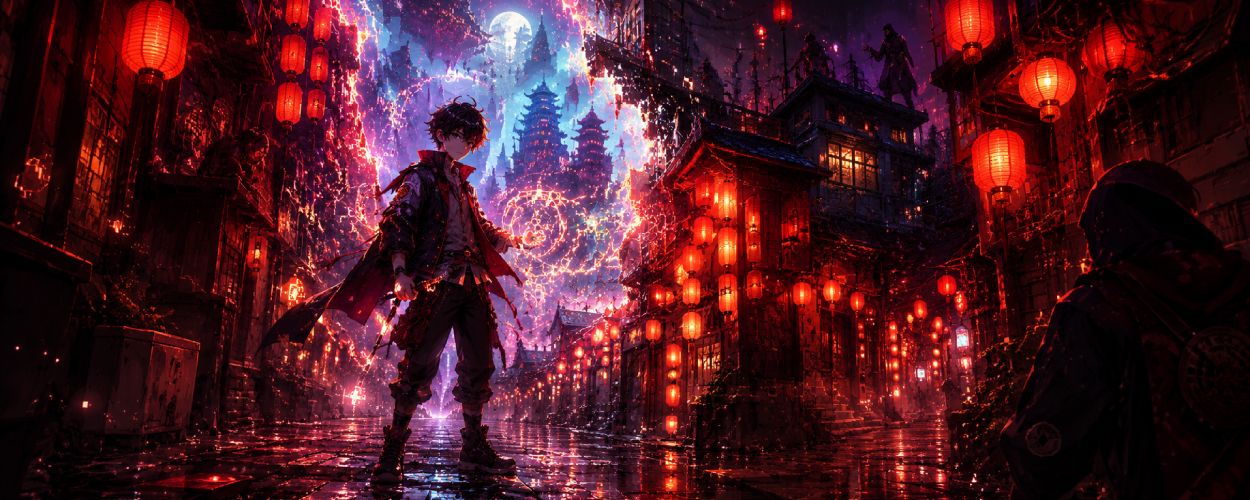 Ein junger Held steht in einer neonbeleuchteten Fantasy-Gasse, während alte Magie, rote Laternen und eine parallele Dimension im Hintergrund aufbrechen.