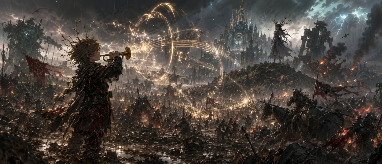 Ein junger Hornist steht auf einem düsteren Fantasy-Schlachtfeld, während sichtbare Klangwellen, Monster und Soldaten im Rauch erscheinen.
