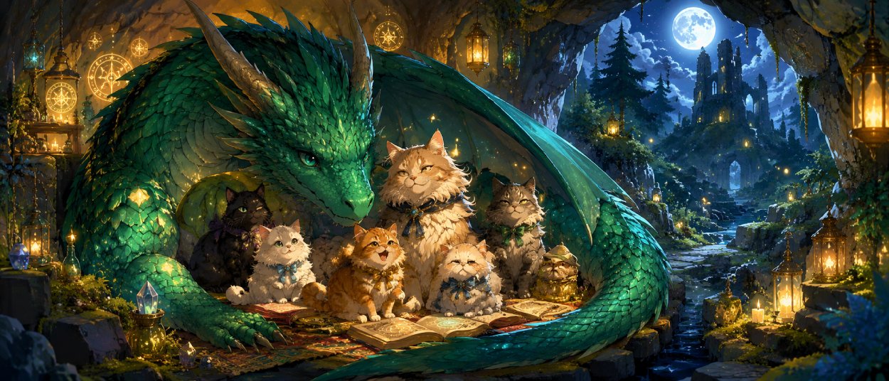 Ein großer freundlicher Drache schützt magiebegabte Katzen in einem leuchtenden Fantasywald.