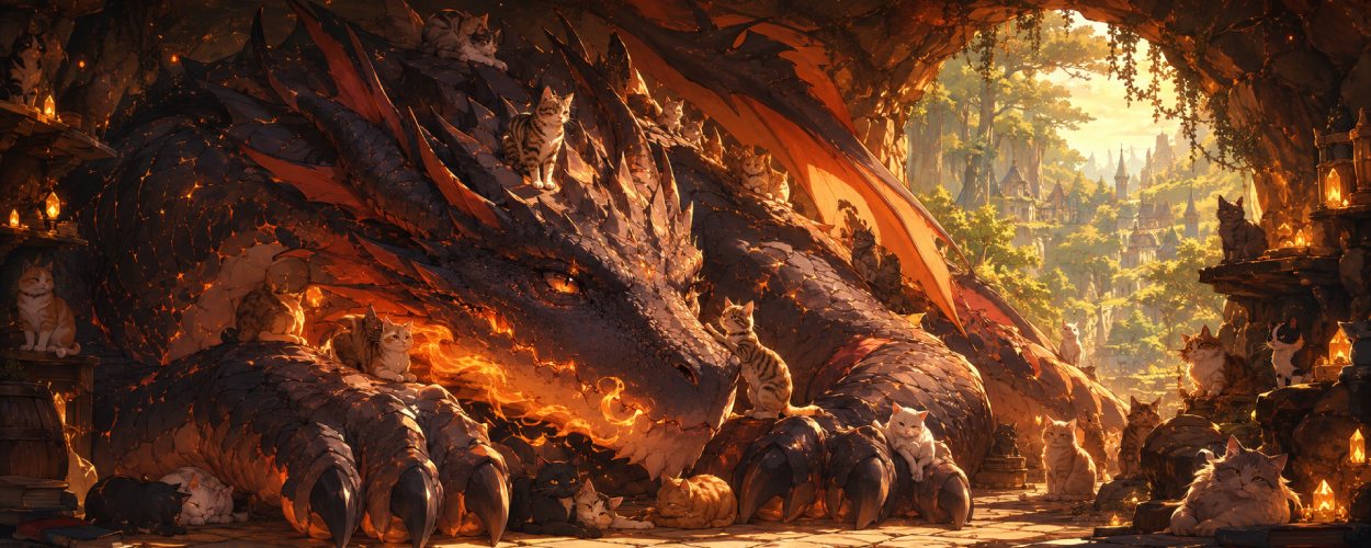 Ein großer Drache liegt friedlich in einer märchenhaften Höhle, während mehrere neugierige Katzen auf seinen Schuppen sitzen und warmes Licht durch den Eingang fällt.
