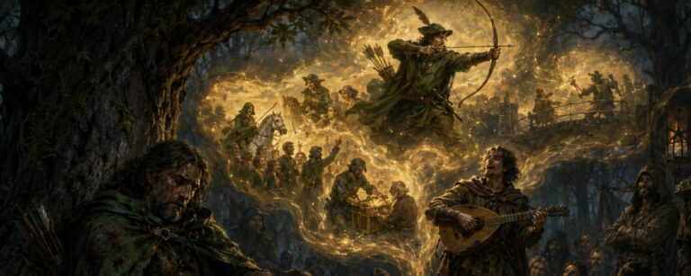 Ein verwundeter alter Robin Hood sitzt im düsteren Wald, während ein Barde aus seiner blutigen Vergangenheit eine goldene Heldensage erschafft.
