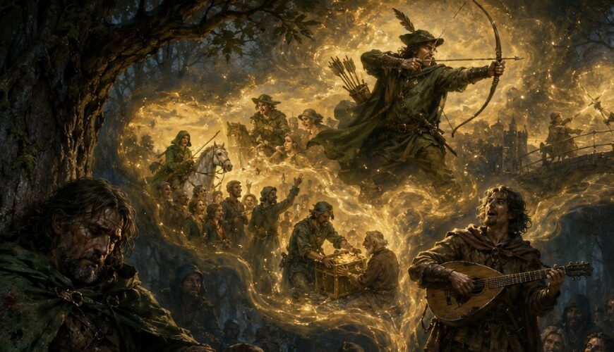 Ein verwundeter alter Robin Hood sitzt im düsteren Wald, während ein Barde aus seiner blutigen Vergangenheit eine goldene Heldensage erschafft.