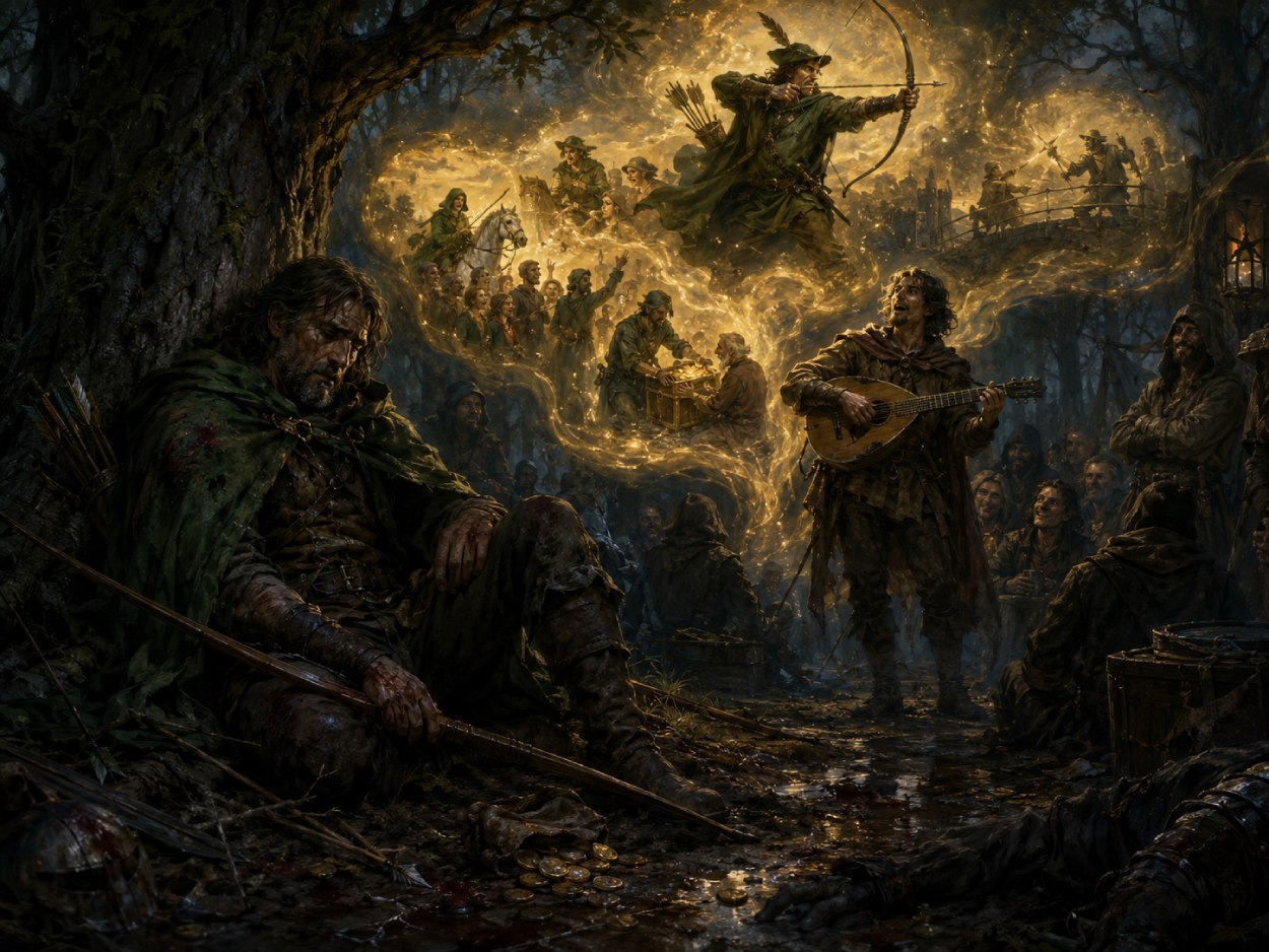 Ein verwundeter alter Robin Hood sitzt im düsteren Wald, während ein Barde aus seiner blutigen Vergangenheit eine goldene Heldensage erschafft.