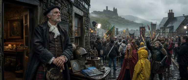 Ein älterer schottischer Tourguide steht vor einem kleinen Besucherzentrum, während Fantasy-Fans in Kostümen und Filmcrew-Lichter den Ort übernehmen.