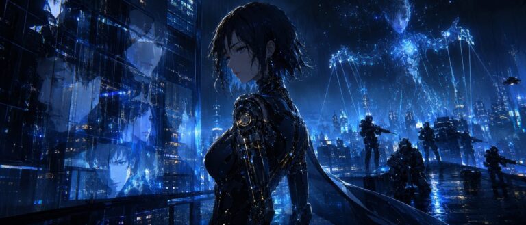 Eine futuristische Cyborg-Ermittlerin steht in einer nächtlichen Cyberpunk-Stadt, während Datenströme, Neonlicht und geisterhafte digitale Silhouetten um sie kreisen.