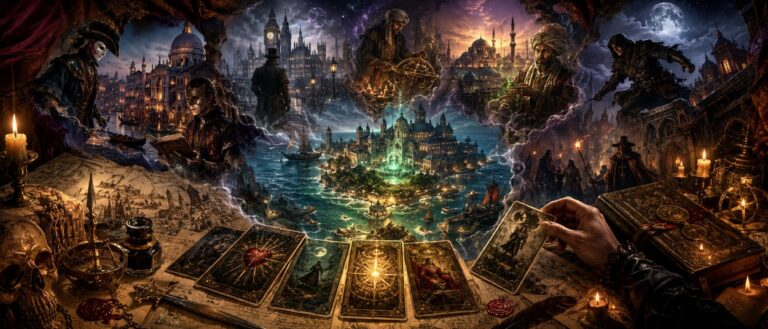 Ein Spieltisch mit Tarotkarten, Renaissance-Karten, Dolchen und magischen Symbolen zeigt eine geheime Insel zwischen London, Istanbul und Venedig.