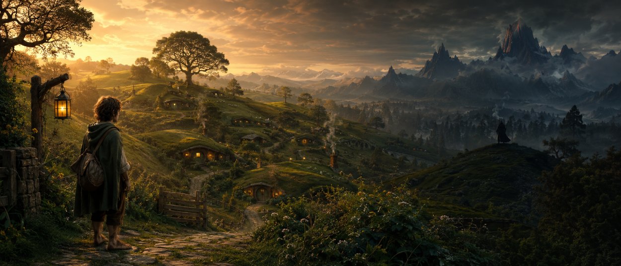 Ein kleiner Hobbit steht am Rand einer grünen Hügellandschaft, während in der Ferne düstere Berge und ein schattenhafter Wanderer zu sehen sind.