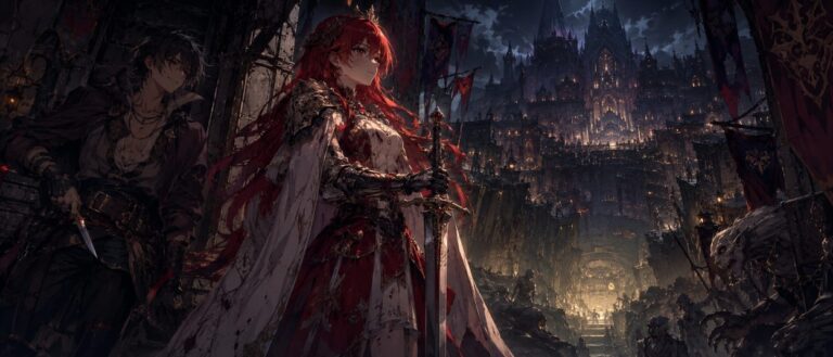 Eine Ritterprinzessin steht vor einer düsteren Dungeonstadt, während ein unscheinbarer Beschützer mit versteckter Klinge im Schatten über sie wacht.