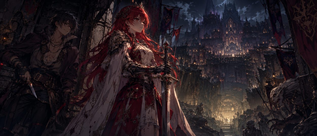 Eine Ritterprinzessin steht vor einer düsteren Dungeonstadt, während ein unscheinbarer Beschützer mit versteckter Klinge im Schatten über sie wacht.