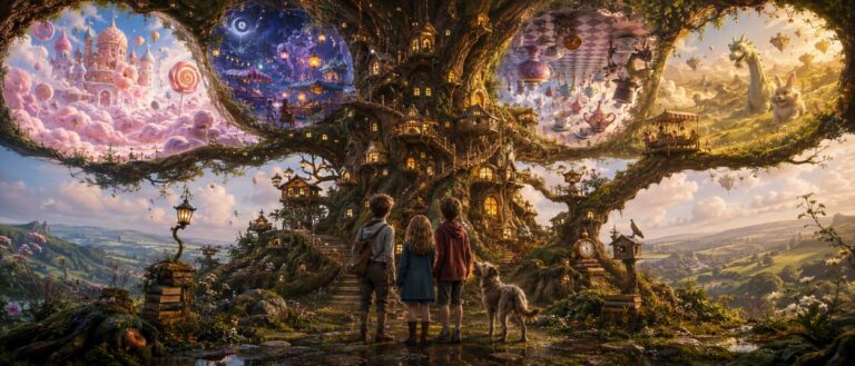 Kinder stehen vor einem riesigen magischen Baum, dessen Äste in verschiedene leuchtende Fantasiewelten führen.