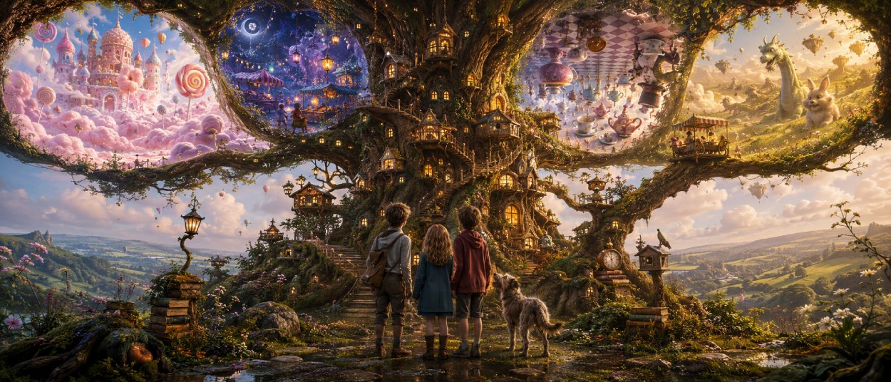 Kinder stehen vor einem riesigen magischen Baum, dessen Äste in verschiedene leuchtende Fantasiewelten führen.