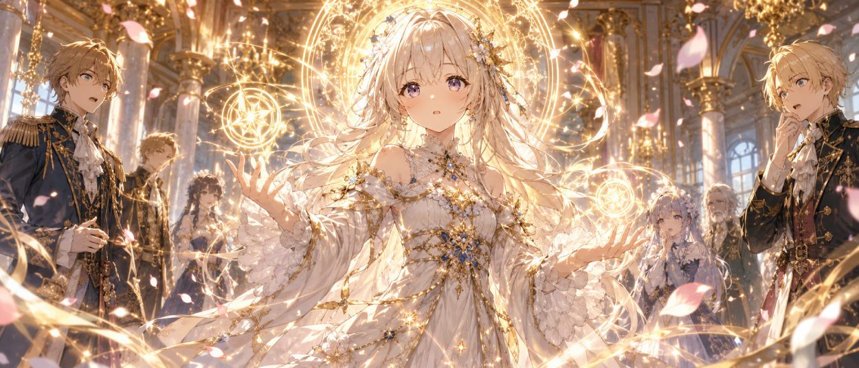 Eine junge Heilige steht in einem hellen Palastsaal, während goldene Magie unkontrolliert um sie herum aufleuchtet.