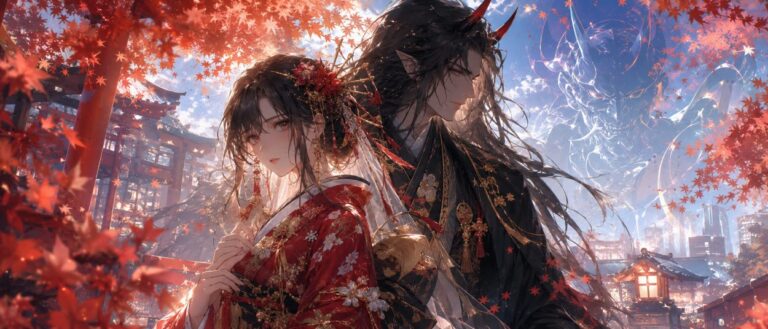 Eine junge Frau im roten Kimono steht unter herbstlichem Ahornlaub neben einem ernsten Oni-Bräutigam in schwarzer Festkleidung.