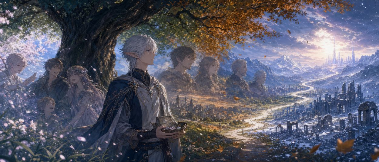 Ein wiedergeborener Elf steht unverändert in einer Landschaft, während um ihn herum Jahrhunderte vergehen.