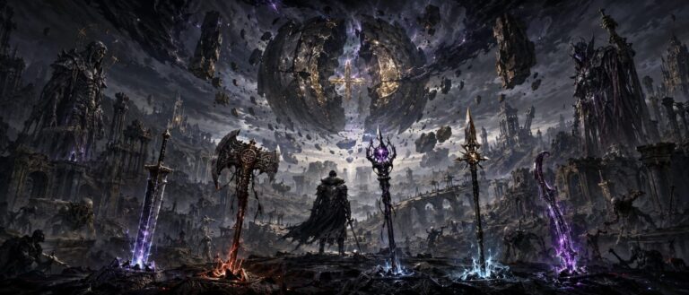 Ein einsamer Wächter steht in einem zerstörten Fantasyreich vor einem zerbrochenen Relikt, während Runenstaub und tote Kreaturen aus der Leere aufsteigen.