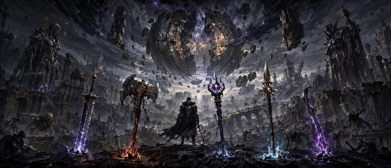 Ein einsamer Wächter steht in einem zerstörten Fantasyreich vor einem zerbrochenen Relikt, während Runenstaub und tote Kreaturen aus der Leere aufsteigen.