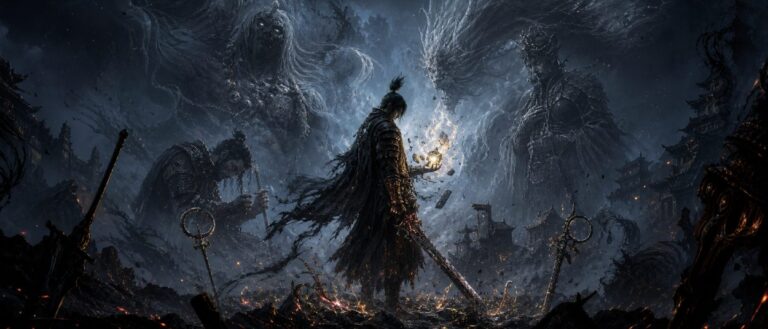 Ein dunkler Wächter steht mit Schwert und Reliktmagie in einer zerstörten Fantasywelt, während riesige Bossgestalten aus Nebel und Ruinen auftauchen.