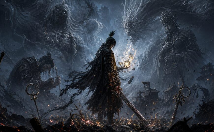 Ein dunkler Wächter steht mit Schwert und Reliktmagie in einer zerstörten Fantasywelt, während riesige Bossgestalten aus Nebel und Ruinen auftauchen.