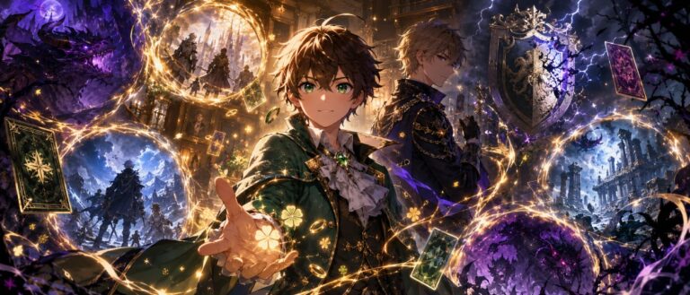 Ein junger wiedergeborener Fantasy-Held steht mit leuchtendem Glückszeichen vor einer warmen Familie, während dunkle Gegner im Hintergrund erscheinen.