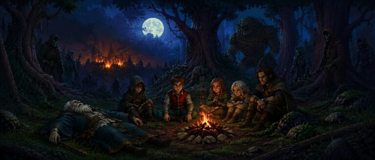 Eine kleine Gruppe Flüchtlinge steht nachts an einem düsteren Lagerfeuer im Wald, während ein toter Zauberer, dunkle Schatten und alte Pixel-Fantasy-Stimmung die Szene prägen.