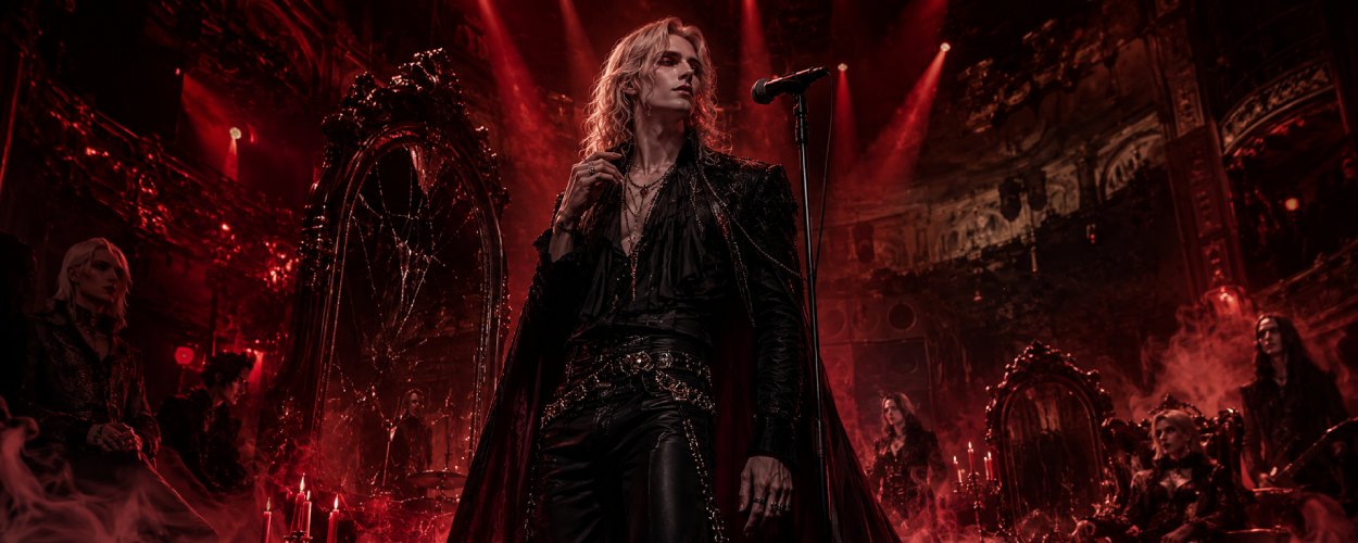 Ein blonder Vampir steht im Scheinwerferlicht auf einer dunklen Bühne, während roter Nebel, alte Spiegel und gotische Schatten eine düstere Rockkonzert-Atmosphäre erzeugen.