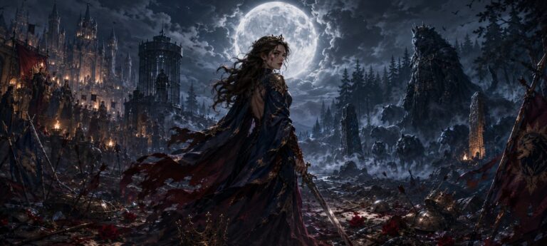 Eine Prinzessin steht zwischen einem dunklen Schloss und einem wilden Werwolfkönig, während am Himmel ein riesiger Vollmond leuchtet.