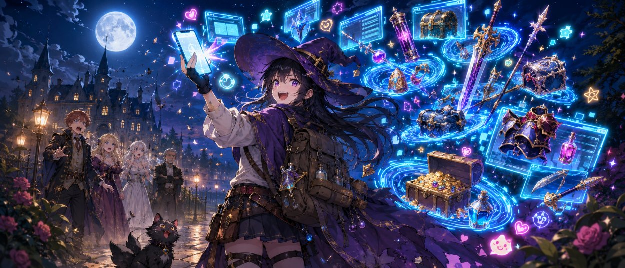Eine junge Hexe steht mit leuchtendem Smartphone-Zauberstab in einer Fantasywelt, während magische Gegenstände und Ausrüstung aus digitalen Portalen erscheinen.
