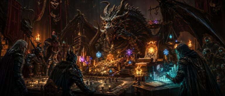 Ein dunkler Fantasythron steht in einer Schatzkammer voller Münzen, magischer Runen und digitaler Token-Symbole, während ein Drache wie ein Finanzverwalter über dem Hort wacht.