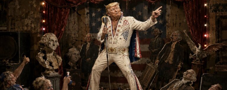 Donald Trump steht als billiger Elvis-Imitator in einem heruntergekommenen patriotischen Varieté-Schuppen auf der Bühne, umgeben von kaputter Gründerväter-Deko, schäbigen Vorhängen, Bierdosen und einem versifften Publikum.