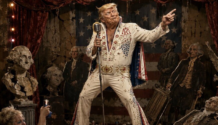 Donald Trump steht als billiger Elvis-Imitator in einem heruntergekommenen patriotischen Varieté-Schuppen auf der Bühne, umgeben von kaputter Gründerväter-Deko, schäbigen Vorhängen, Bierdosen und einem versifften Publikum.
