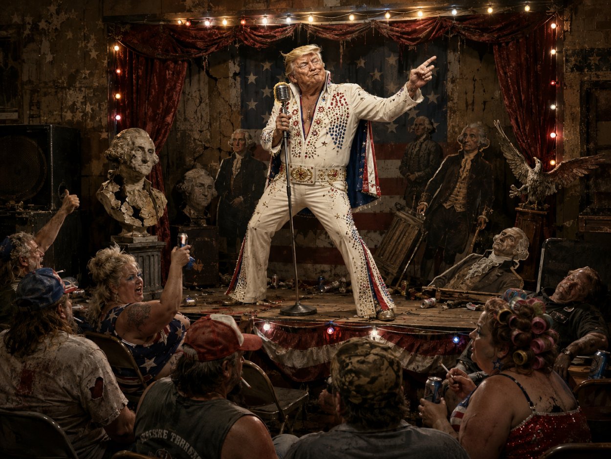 Donald Trump steht als billiger Elvis-Imitator in einem heruntergekommenen patriotischen Varieté-Schuppen auf der Bühne, umgeben von kaputter Gründerväter-Deko, schäbigen Vorhängen, Bierdosen und einem versifften Publikum.