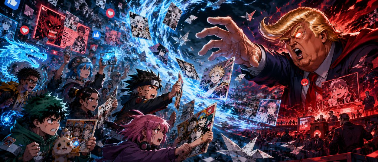 Ein übergroßer politischer Schatten greift nach stilisierten Manga-Panels, während wütende Anime-Fans, Ninja-Stirnbänder und Spielkarten durch einen digitalen Sturm fliegen.