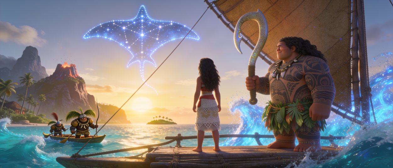 Eine junge polynesisch inspirierte Heldin steht auf einem Boot vor einem magisch leuchtenden Ozean, während ein mächtiger Halbgott mit Haken und Tätowierungen neben ihr in die Ferne blickt.