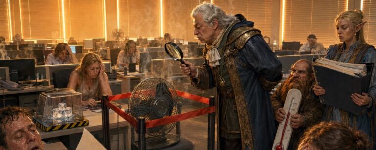 Überhitztes Großraumbüro mit abgeschaltetem Ventilator, schwitzenden Beschäftigten und einem Fantasy-Beamten, der die Raumluft kontrolliert