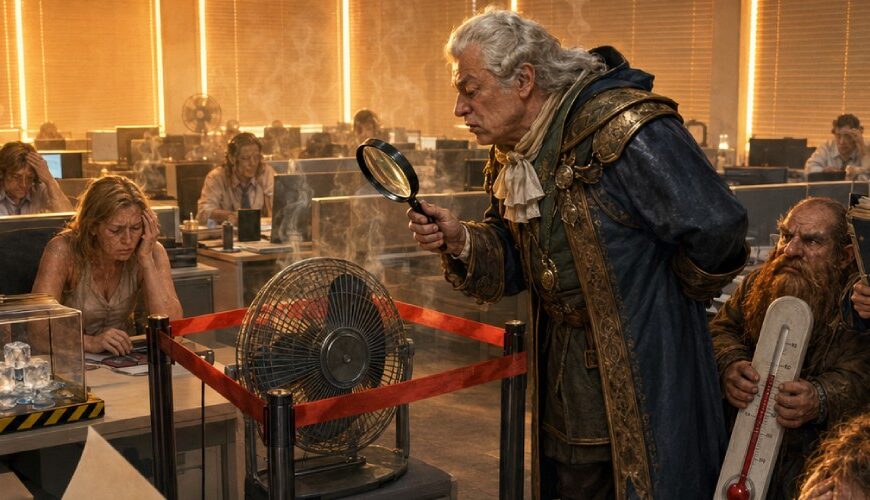 Überhitztes Großraumbüro mit abgeschaltetem Ventilator, schwitzenden Beschäftigten und einem Fantasy-Beamten, der die Raumluft kontrolliert