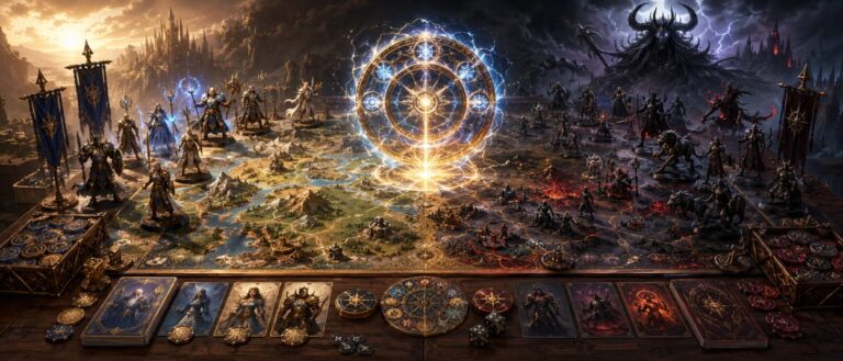 Ein episches Fantasy-Brettspiel mit Armeen, Heldenkarten und einem leuchtenden Rad-Symbol vor einer dunklen Drachenprophezeiung.