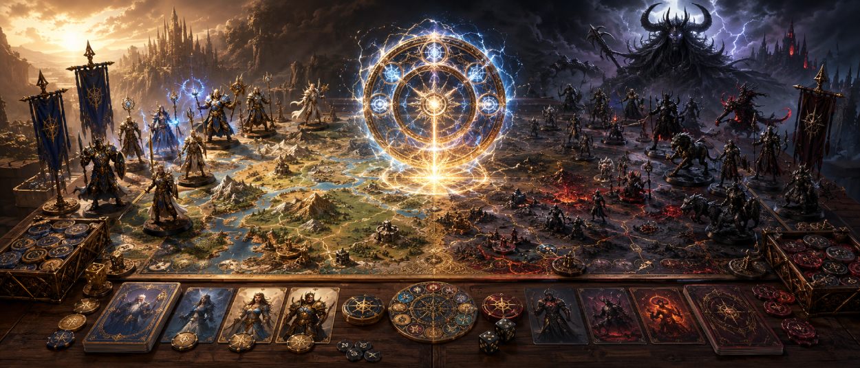 Ein episches Fantasy-Brettspiel mit Armeen, Heldenkarten und einem leuchtenden Rad-Symbol vor einer dunklen Drachenprophezeiung.