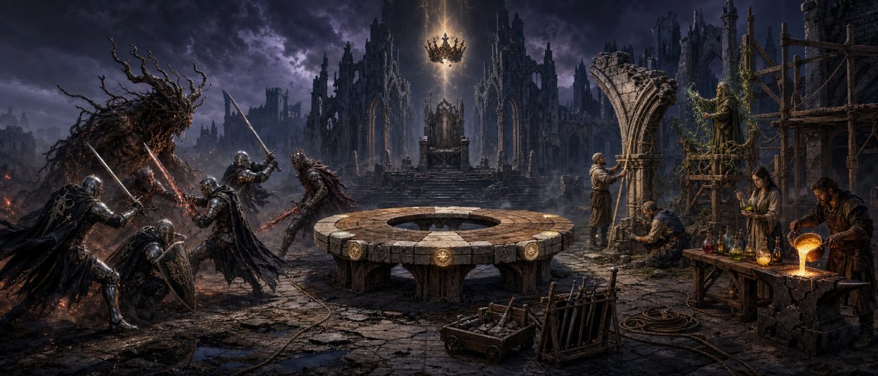 Ein zerstörtes dunkles Camelot wird von Rittern verteidigt und gleichzeitig von Handwerkern wieder aufgebaut.