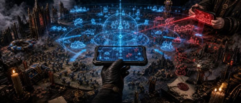 Eine düstere Science-Fiction-Tabletopschlacht wird mithilfe einer futuristischen App und holografischer Armeedaten verwaltet.