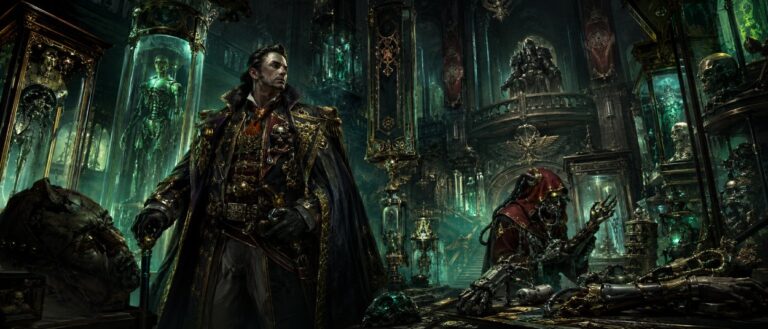 Ein düsterer Rogue Trader steht in einem riesigen außerirdischen Gewölbe voller Relikte, während ein uralter Necron-Sammler, Tech-Priests und grün leuchtende Artefakte die Szene beherrschen.