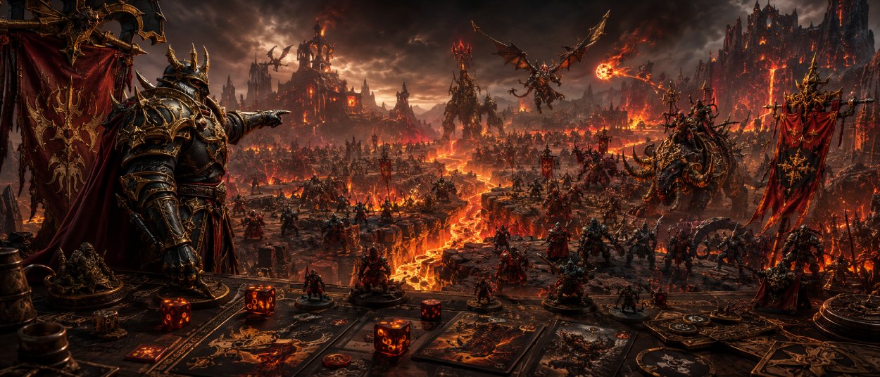 Fantasy-Armeen kämpfen auf einem brennenden Schlachtfeld im Reich des Feuers, während Würfel und Regelkarten im Vordergrund liegen.
