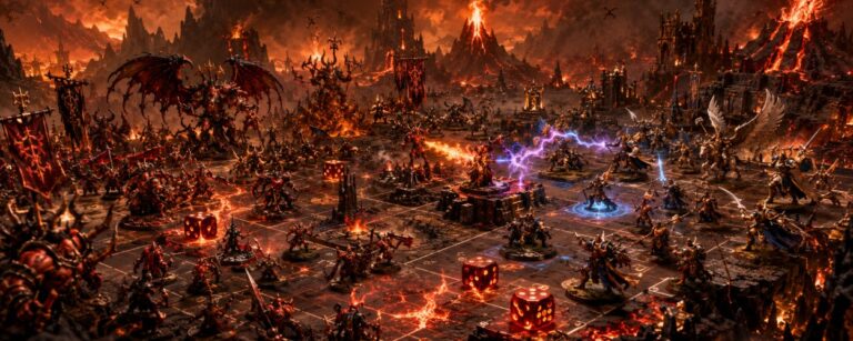 Zwei Fantasy-Armeen kämpfen auf einem feurigen Schlachtfeld im Reich Aqshy, während Lava, rote Würfel, Missionsmarker und brennende Ruinen die Szene bestimmen.