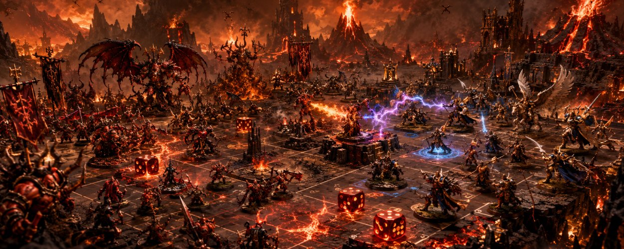 Zwei Fantasy-Armeen kämpfen auf einem feurigen Schlachtfeld im Reich Aqshy, während Lava, rote Würfel, Missionsmarker und brennende Ruinen die Szene bestimmen.