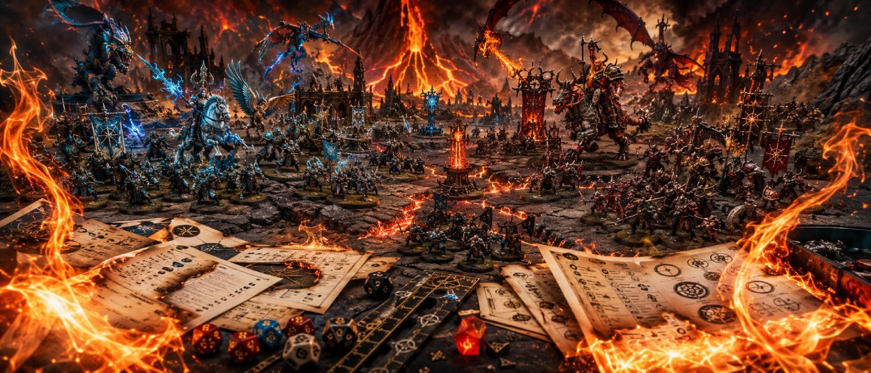 Zwei Fantasy-Armeen stehen auf einem brennenden Tabletop-Schlachtfeld in Aqshy, während Regelblätter, Würfel und Feuerzeichen über dem Spieltisch aufleuchten.