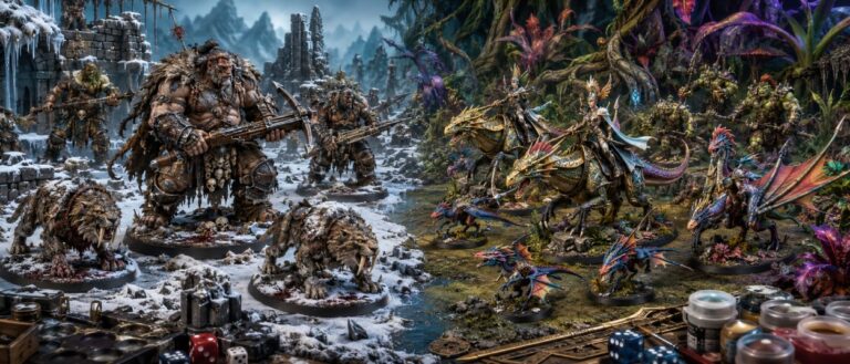 Ogor-Jäger mit riesigen Armbrüsten und Sabrefangs stehen eleganten Drachenreitern auf einem Fantasy-Tabletop-Schlachtfeld gegenüber.